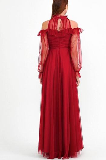 zks grup tekstil Red Tulle Draped Plus Size Evening Dress