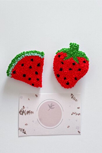 By Nur Erten Strawberry And Watermelon Punch Embroidered Girl's Hair Clip Set