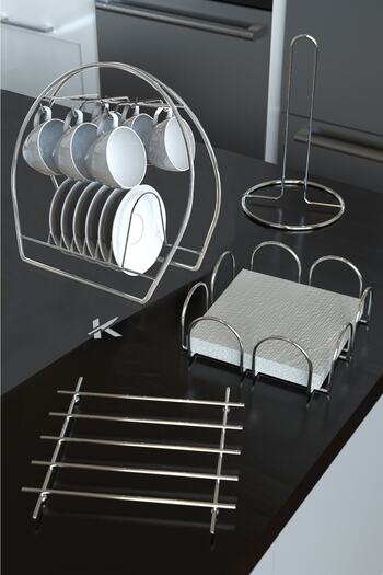 KARTEYA Service Presentation Set Towel Napkin Holder Trivet Cup Hanger Chrome Silver Stainless Kitchen Dowry Set of 4