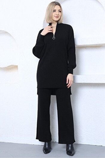 VEGENZE Women's Black Corded Comfortable Balloon Sleeve Knitwear Tunic Pants Bottom-Top Set