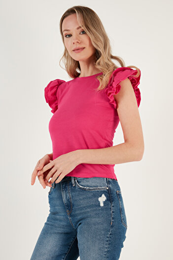 Lela Cotton Sleeves Frilly Slim Fit Crew Neck T Shirt T SHIRT5864500
