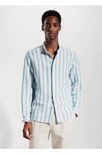 MANGO Man Man/ Regular Cut Striped Linen Shirt