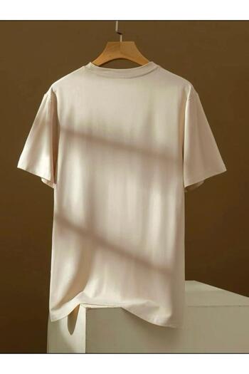 SELENA BUTİK Unisex Μπεζ μαύρο βαμβακερό μπλουζάκι Boyfriend Oversize