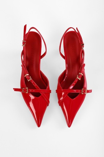 Shoeberry Women's Lover Red Patent Leather Belted Buckle Pointed Stiletto