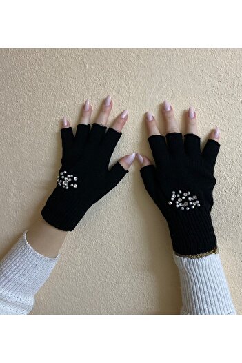 sema aksesuar Zircon Stone Wool Painter Beret and Cut Fingers Fingerless Gloves Set - Valentine's Day Gift