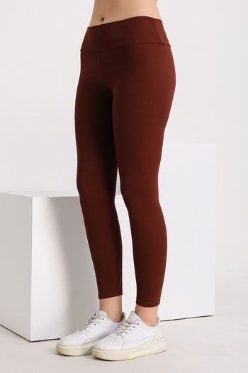 BANEGA Curve Large Size Ribbed Raised Women's High Waist Recovery Brown Winter Leggings