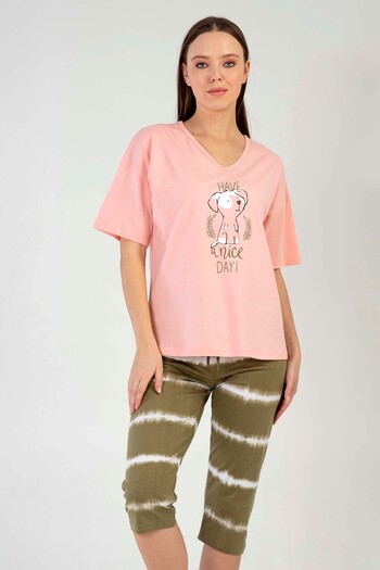 VİENETTA Cotton Women's V-Neck Off-Shoulder Short Sleeve Capri Pajamas Set
,210063