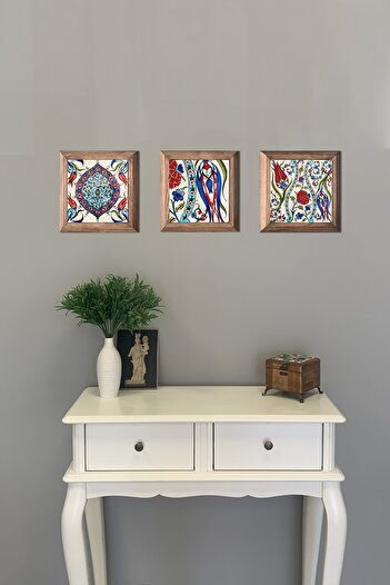 Oscar Stone Decor Masif Çerçeveli 3'lü Set Taş Tablo Pano 28x28 cm Semazen Ebruli Çini Desen