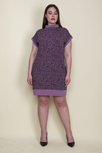 Şans Women's Plus Size Lilac High Collar Low Sleeve Tunic Dress with Side Pockets 65n25784