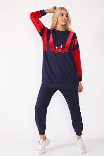WestBound Women's Navy Blue Velvet Garnished Cat Tracksuit