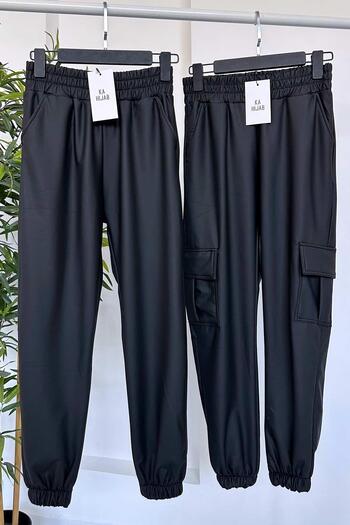 Ka Hijab Cargo Pocket Leather Jogger Hijab Trousers - Black