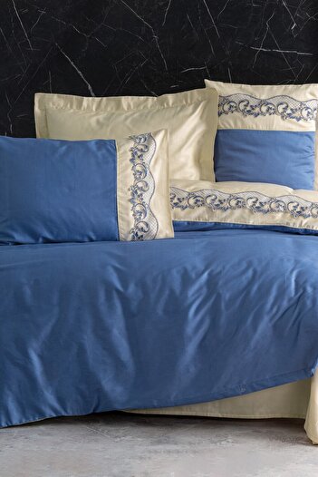 Cotton Box Embroidered Satin Double Duvet Cover Set Amaya Beige