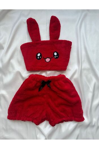 EDLİNGERİE Red Plush Wellsoft Shorts Bustier Pajama Set