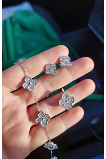 MorMajor Silver İTHAL YONCA CLOVER TAŞLI BEYAZ GÜMÜŞ YÜZÜK