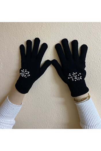 sema aksesuar Black Zircon Stoned Wool Painter Beret and Gloves Set - Design - Valentine's Day Gift