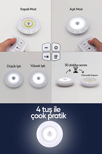 SULED Pilli Uzaktan Kumandalı Montajsız Yapışkanlı 3'lü Spot Led Işık Lamba Raf Niş Dolap Mutfak Işığı
