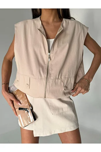 Laluvia Stone Color 100% Cotton Zippered Gabardine Vest
