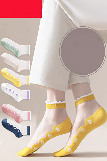 BGK 6 Pairs Floral Patterned Women's Tulle Socks