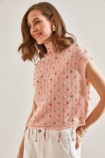 Bianco Lucci Women's Hair Braided Stone Embroidered Knitwear Blouse