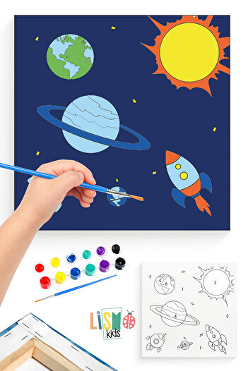 lismo kids طلاء الفضاء والكواكب بالأرقام مقاس 20 × 20 سم، مجموعة أنشطة هواية للأطفال، فرشاة قماشية متضمنة