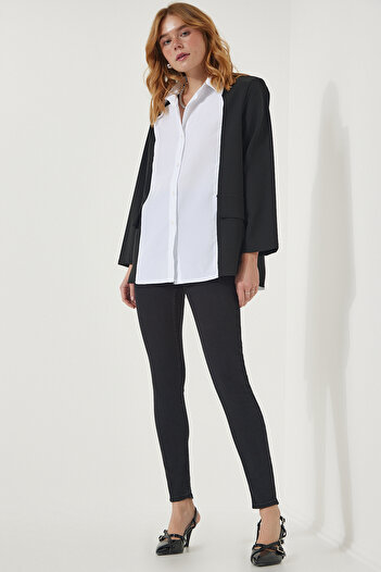 Happiness İstanbul Dámská černá a bílá košile s oversize designem bundy KJ00006