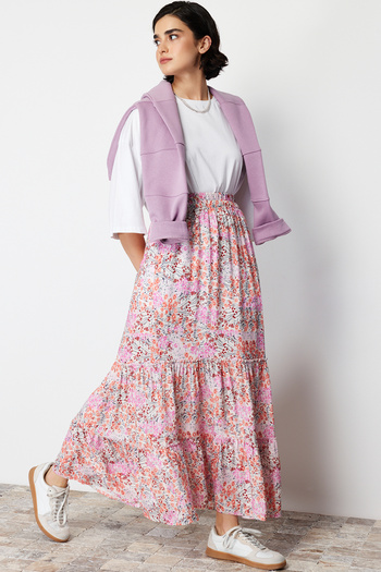 Trendyol Modest Multicolored Floral Patterned Woven Skirt TCTSS22EE00000