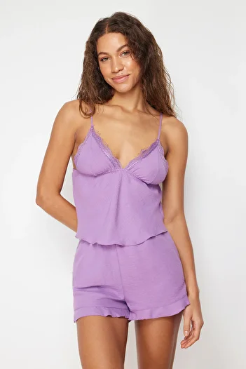 Trendyol Collection Woven Pajama Set with Purple Lace and Ruffle Detail Rope Strap Shorts Thmss24Pt00018