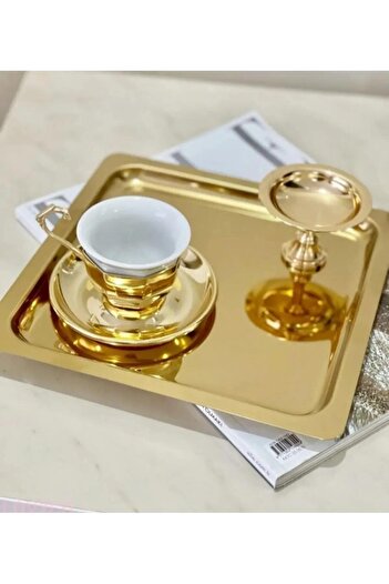 Kitchen Design Lab Paslanmaz Çelik Gold Renk Sunum Tepsisi 21 X21 Cm Çay Kahve Pasta Tatlı Servis Sunum Tepsisi 6 Adet