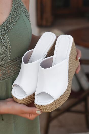 LEYDİ SHOES Mango Wedge Sole White Women's Slippers