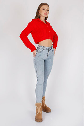 ALCHON Polo Collar Long Sleeve Hair Braided Four Button Crop Short Knitwear Cardigan