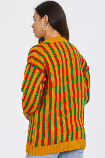 ALCHON V-neck Long Sleeve Jacquard Color Block Hair Braided Five-Button Winter Thick Midi Length Knitwear Cardigan