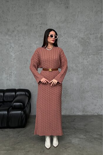 Neba Boutique Kadın Saç Örgülü Gül Kurusu Triko Elbise