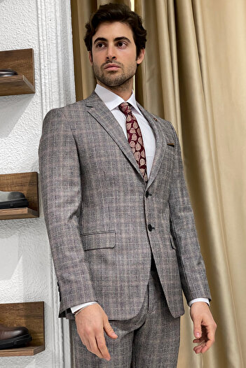 NAZEF Slim Fit Mono Collar Plaid Extra Silk Wool Gray Suit (Jacket and Trousers)