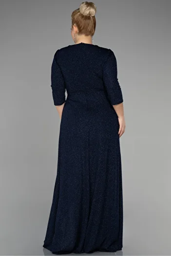 Efelif Navy Blue Capri Sleeve Long Glitter Plus Size Evening Dress Abu39740