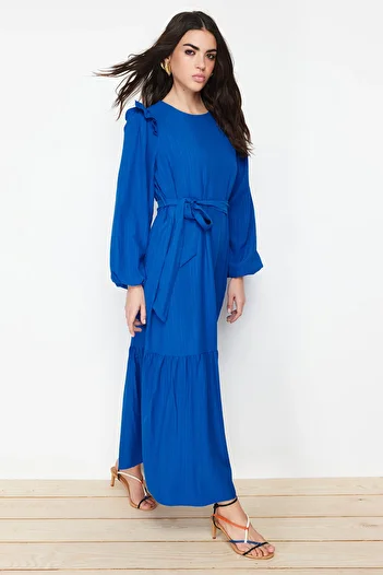 Trendyol Modest Modrá sukně s volánkem přes ramena Podšívané viskózové smíšené tkané šaty TCTSS23EB00290