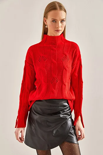 Bianco Lucci Women's Half Turtleneck Hair Knitted Patterned Knitwear Sweater