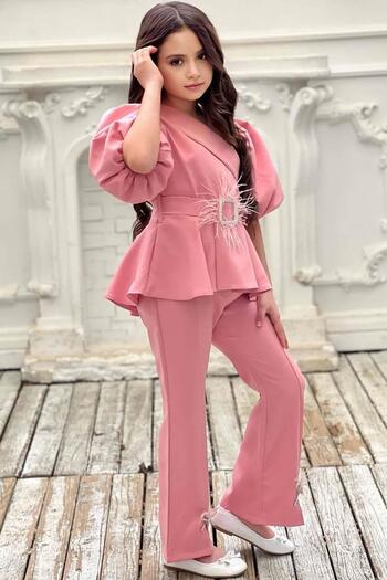 Riccotarz Girl's Zipper and Belt Detailed Double Breasted Collar Pink Bottom and Top Set
