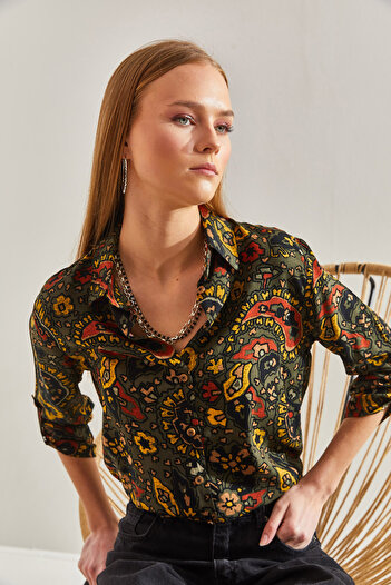 Bianco Lucci Women's Sleeve Folded Flower Patterned Viscose Shirt60101029