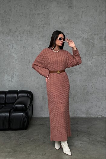 Neba Boutique Kadın Saç Örgülü Gül Kurusu Triko Elbise