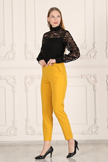 Seamoda Large Size Women's Daily Elastic Waist Pocketed Crepe Skuba Carrot Cut Women's Elegant Trousers-yellow