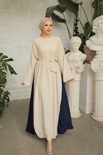 lovebox Women's Charmi Fabric Wide Sleeve Double Color Design Belt Detailed Flowing Cream Maxi Hijab Dress 1812