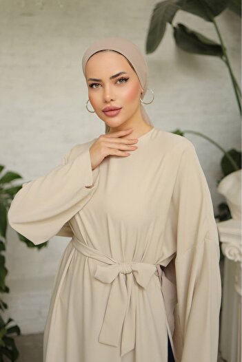 lovebox Women's Charmi Fabric Wide Sleeve Double Color Design Belt Detailed Flowing Cream Maxi Hijab Dress 1812