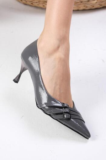 Mio Gusto Shirley Gray Color Patent Leather Pointed Toe Heeled Shoes with Buckle Accessories