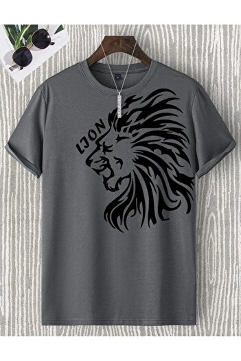 AFROGİYİM Unisex Anthracite Lion Digital Printed Oversize T-shirt
