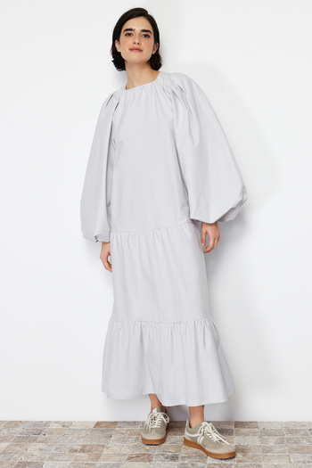 Trendyol Modest Sukně s balonovým rukávem zdobená drahokamy Vrstvené bavlněné tkané šaty TCTSS24EB00070