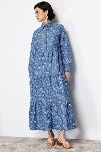 Trendyol Modest Φόρεμα Indigo Cotton Shirt - TCTSS24EB00091