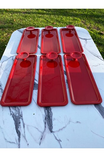 Aslı Hediyelik 2 Model 6-Piece Red Baton Tray and 6-Piece Red Macaron Bowl, Coffee and Pastry Serving Presentation Tray