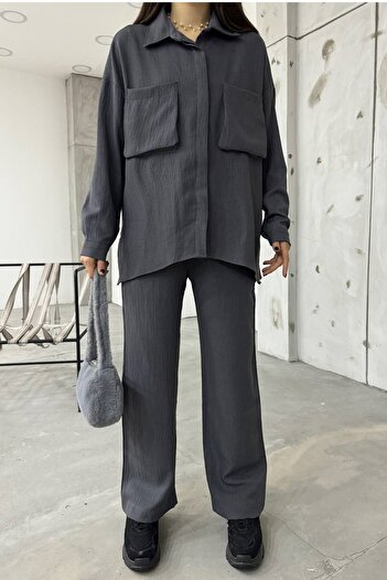 vuvutasarım Antresit Linen Fabric Bellow Pocket Design Shirt and Trousers Oversize Double Set 12093