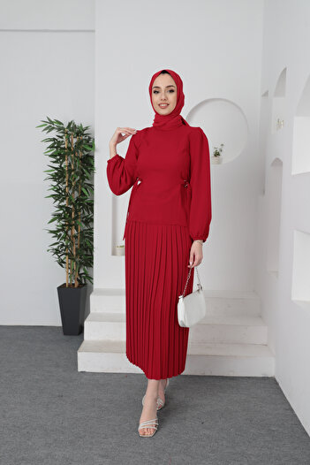 Aranlı tekstil Pleated Skirt Blouse Hijab Top and Bottom Set