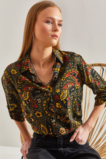 Bianco Lucci Women's Sleeve Folded Flower Patterned Viscose Shirt60101029